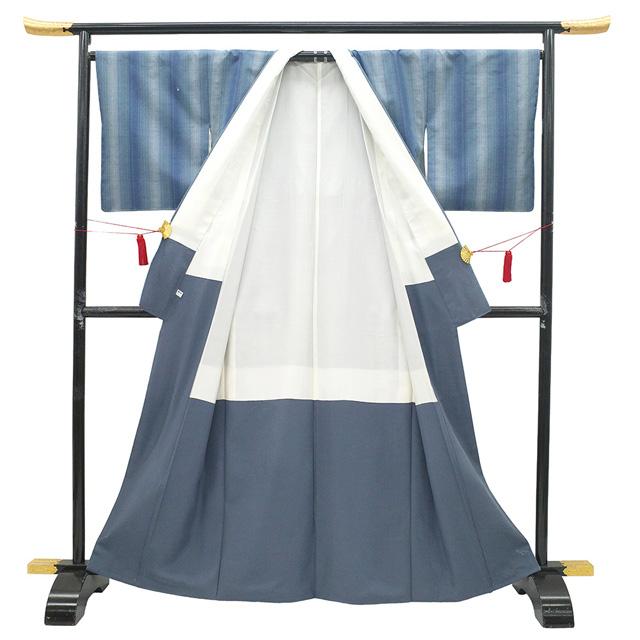 牛首紬 着物 未使用 本場牛首紬 正絹 袷 白山工房 先染め カジュアル 新古品 仕立て上がり 身丈165 裄丈66.5 Ｌサイズ みやがわ sbs17594の画像