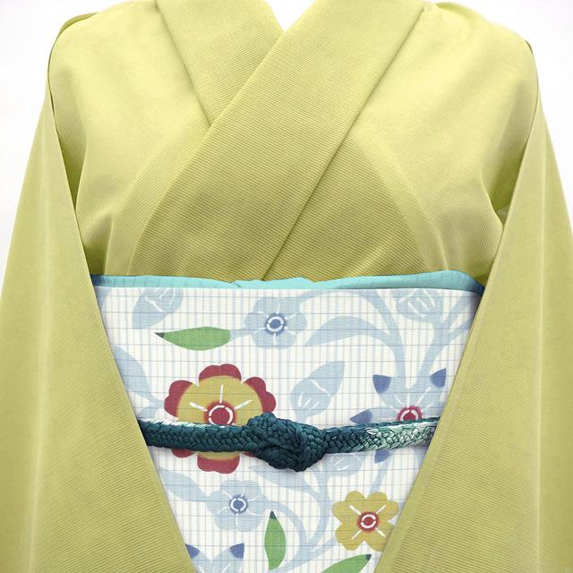 夏物 栗山吉三郎 夏大島 名古屋帯 九寸 未使用 本場大島紬 和染紅型 正絹 白 くすみ水色 カジュアル 新品 仕立て上がり みやがわ sbs55458の画像