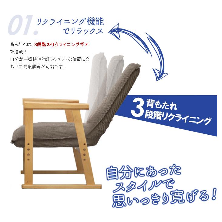 高座椅子 リクライニング チェアー ミドルタイプ 座椅子 木製 肘付き ハイバック｜miyaguchi｜03