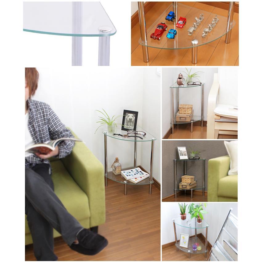 ミヤグチ企販 サイドテーブル ガラスラック コーナー 2段 おしゃれ