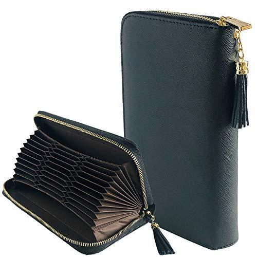 [La caro] カードケース 大容量 じゃばら レディース レザー おしゃれ スキミング防止 (ブラック)