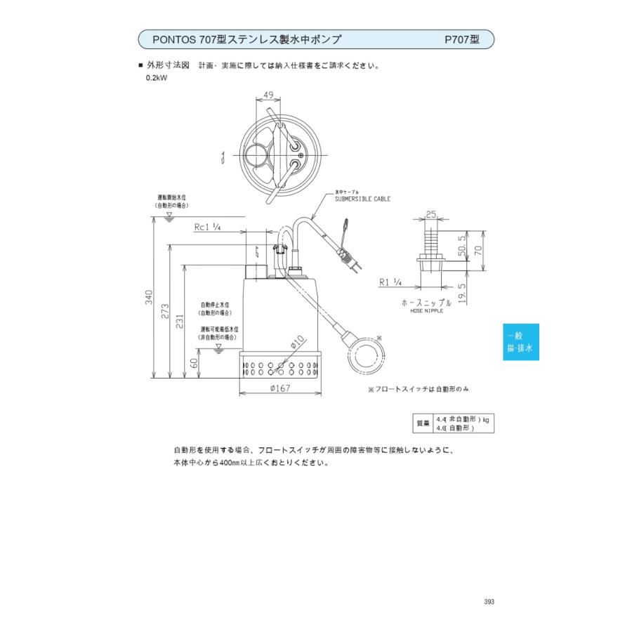 エバラポンプ 非自動 清水用水中ポンプ ステンレス製 32P7075.2SA 100V 50HZ｜miyakeki｜10