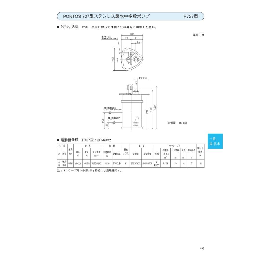 エバラポンプ 自動 水中ポンプ エバラ ポントス 727型 ステンレス製水中多段ポンプ P7276.75 200V 60Hz 荏原製作所製 EBARA｜miyakeki｜08