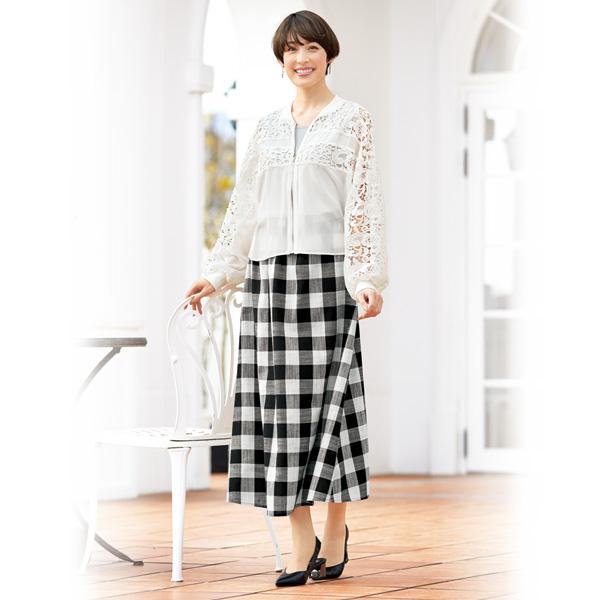 おしゃれ ボトム レディース 春夏 綿麻混ブロックチェックスカート