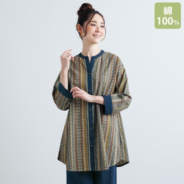 【モユル】萌　ドット柄変形デザインチュニックM〜L 黃　綿100% ポケット チュニック 大人可愛い おしゃれ 春夏 ミセス シニア ファッション 40