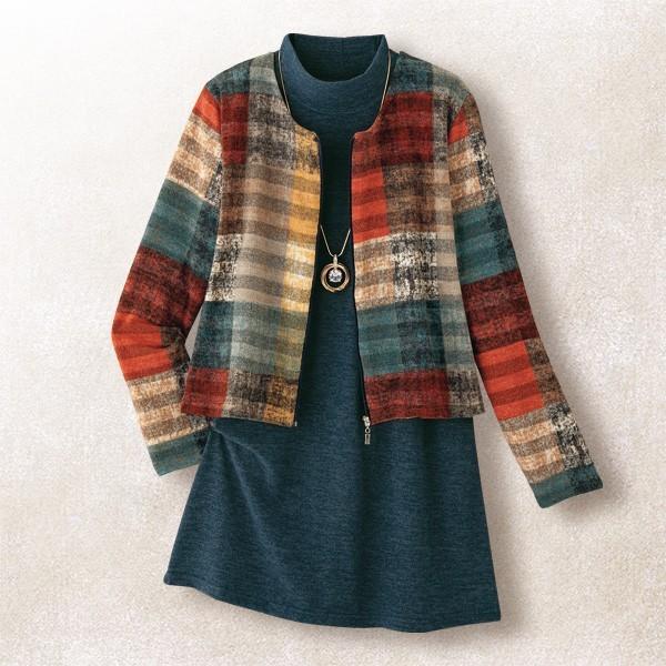 チュニック レディース 春 秋 冬 ブロックチェックジャケットアンサンブル 50代 60代 70代 80代 ミセス シニア ファッション ショート タートルネック 京都通販 ミセスのファッション館 通販 Yahoo ショッピング