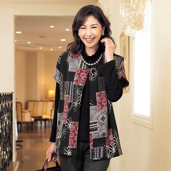 年末のプロモーション レディース トップス アンサンブル ベスト 和モダン ちりめん ニット 日本製 シニア ミセス 秋 服 婦人 シニアファッション ミセスファッション 80代 70代 60代 50代 ニットちりめんベストアンサンブル 冬 トップス Affaires Sociales Gouv Cg