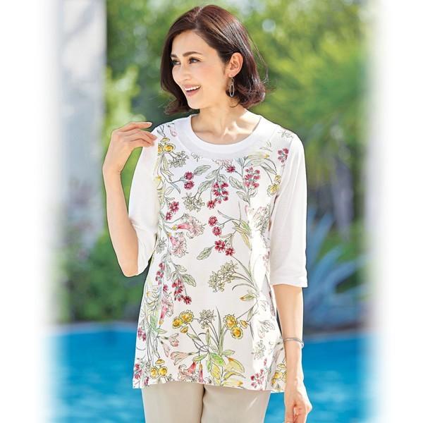 有名な高級ブランド ベスト風 ボタニカル 花柄 綿100 日本製 おしゃれ 百貨店販売商品 服 シニアファッション ミセスファッション 80代 70代 60代 50代 花柄プリント切替チュニック 夏 レディース トップス チュニック ワンピース チュニック Postetelecom Gouv Cg