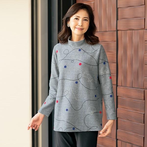 チュニック トップス レディース 春 杢調起毛素材猫柄チュニック 50代 60代 70代 80代 ミセスファッション シニアファッション 婦人 服 ご注文で当日配送