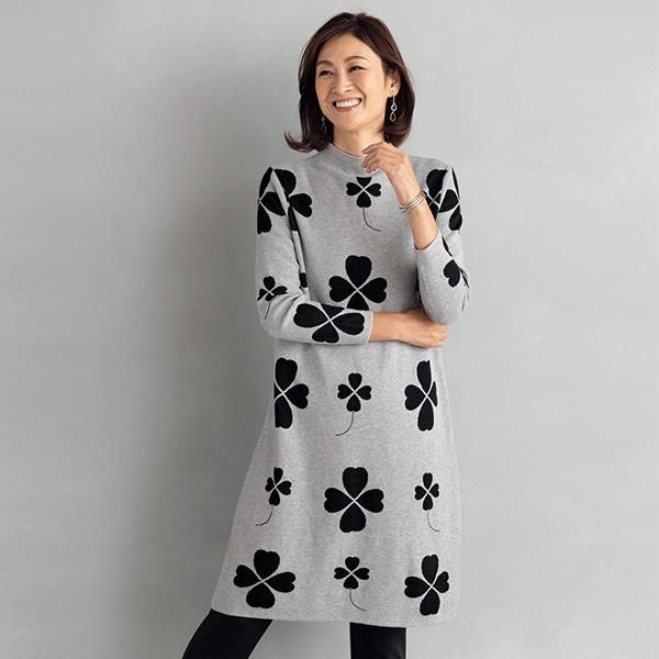 ワンピース レディース 春 クローバー柄ニットワンピース 50代 60代 70代 80代 ミセスファッション シニアファッション 婦人 服 京都通販 ミセスのファッション館 通販 Yahoo ショッピング