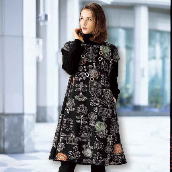 チュニック ワンピース レディース 北欧風プリント裏起毛チュニックワンピース 40代 50代 60代