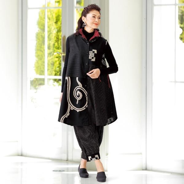 アウトレット 送料無料 レディース トップス チュニック Aライン ゆったり おしゃれ 和 プリント 絣 綿100 服 シニアファッション ミセスファッション 70代 60代 50代 40代 雪ん子絣プリントシャーリングネックチュニック ワンピース チュニック Www