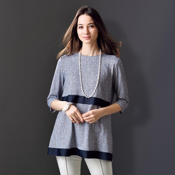 おしゃれ チュニック レディース テープ使いデニム調プリントロングチュニック 40代 50代 60代 70代 ミセスファッション シニアファッション 服 人気の贈り物が大集合