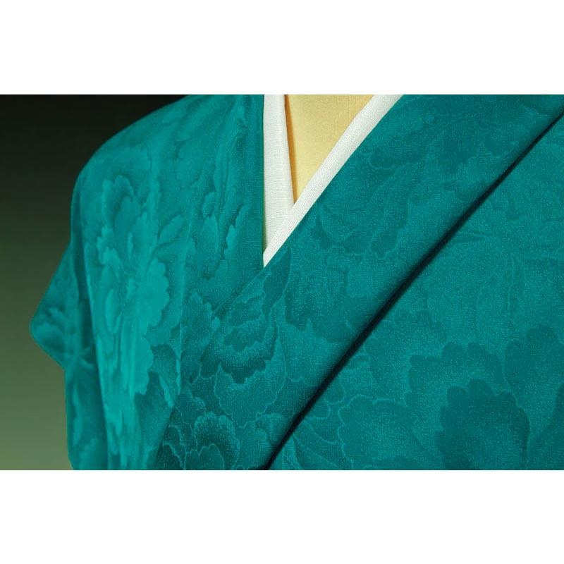 色無地 紋意匠 ピーコックグリーン色 正絹 反物