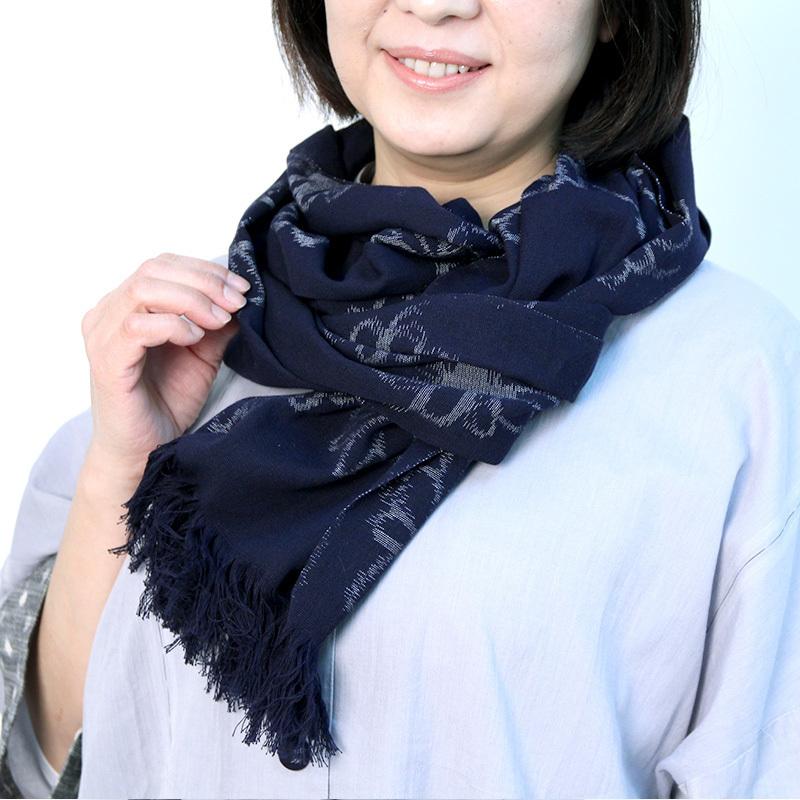 おしゃれ 久留米絣ストール 彩藍 コスモス 秋桜 紺/赤 綿100％ 日本製