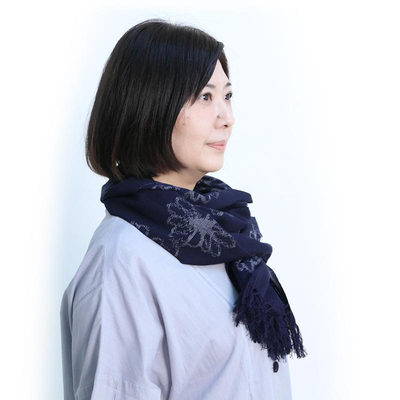 おしゃれ 久留米絣ストール 彩藍 コスモス 秋桜 紺/赤 綿100％ 日本製