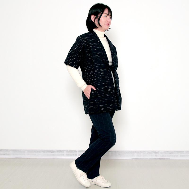 数量限定 五分袖半纏 氷柱 つらら 黒 パープル 中わた 綿100% 身丈74.5