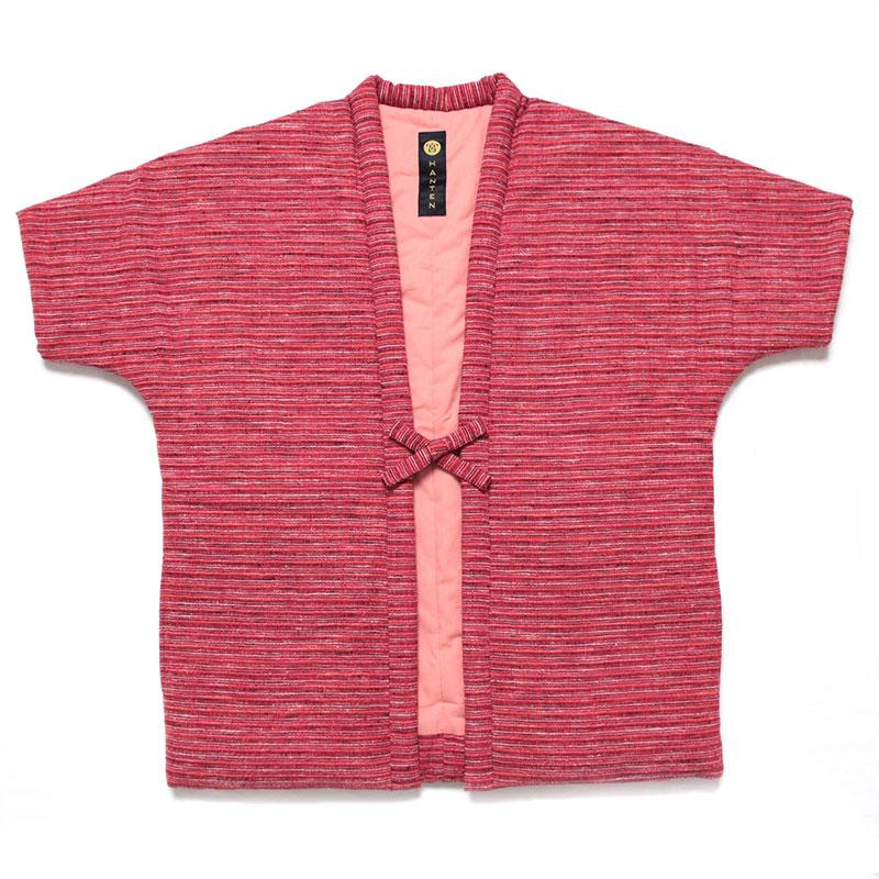 数量限定】五分袖半纏 [茶の木] 赤 グリーン 中わた 綿100% 身丈74.5cm