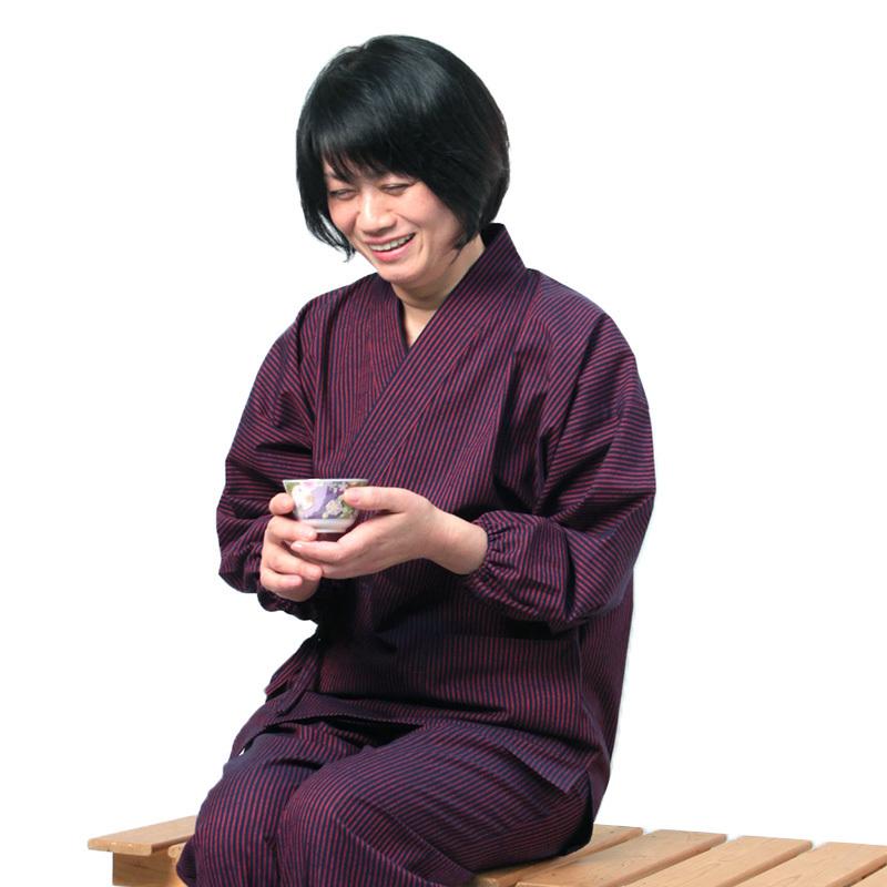 作務衣 新型 縞柄 大縞 小縞 ストライプ 女性 レディース 紺/赤 春夏