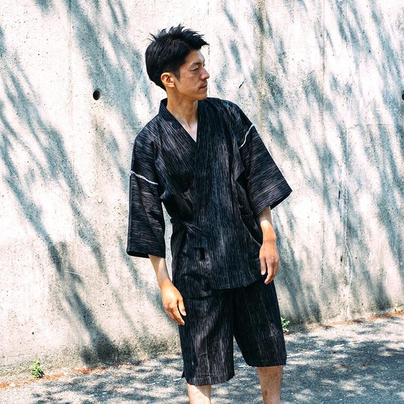 甚平メンズ おしゃれ 高級 ジンベイ 男性 柄 麦打 黒/ブラック 夏用 M 