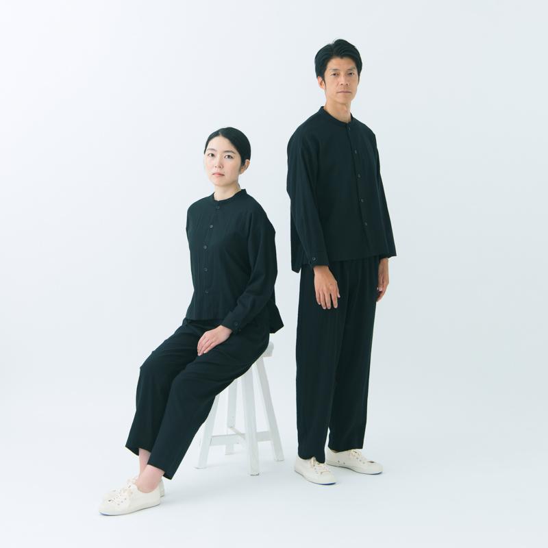 宮田織物 YAYA SHIJIRA STANDING COLLAR SHIRT ブラック ネイビー 