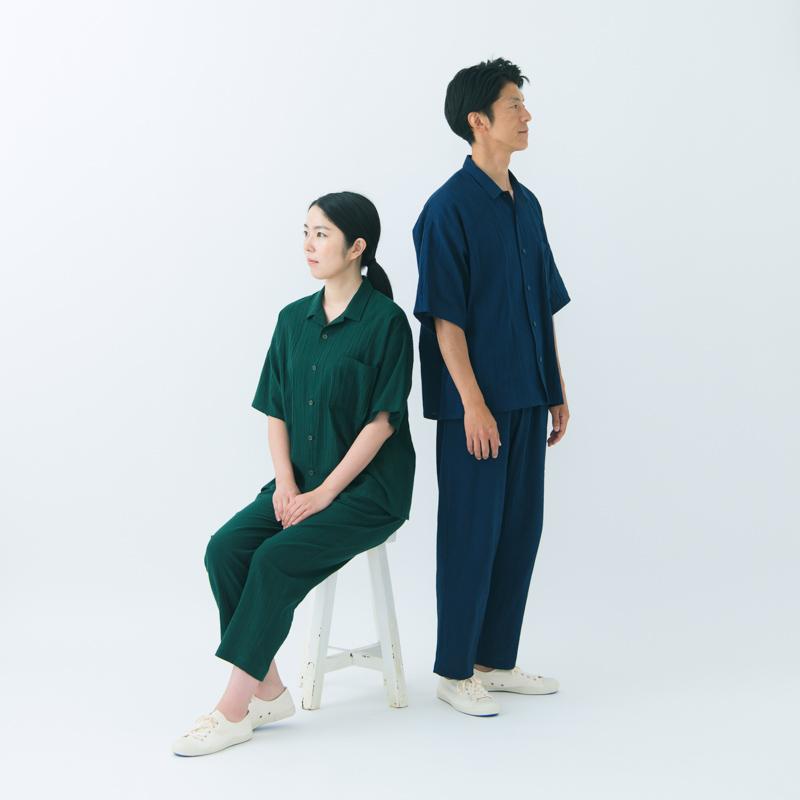 YAYA SHIJIRA OPEN COLLAR SHIRT ブラック ネイビー グリーン ホワイト  S-M/L 綿100％ 男女兼用 宮田織物 日本製 しじら織り オープンカラーシャツ ※上下別売 | 宮田織物 | 08