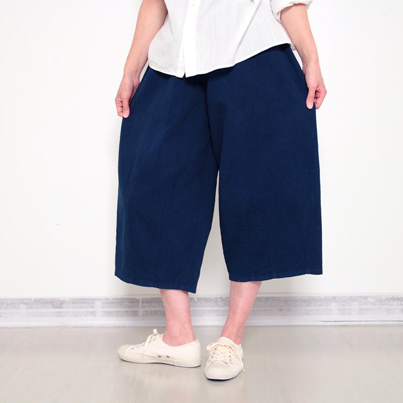 五感 gokan 藍染×インディゴ手染めダブルガーゼ ワイドパンツ 7分丈 母