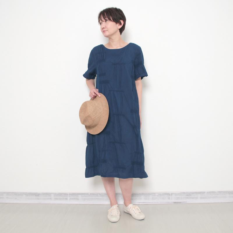 五感 ワンピース 藍染×インディゴ手染め シャーリングワンピース 綿98