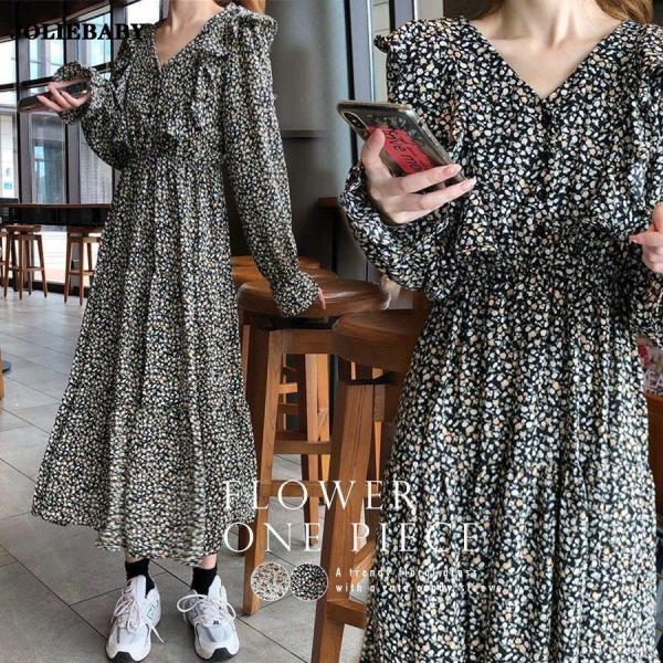ワンピース レディース 花柄ワンピース 長袖 ロング丈 シフォン ワンピース レディース 花柄ワンピース 長袖 ロング丈 シフォン
