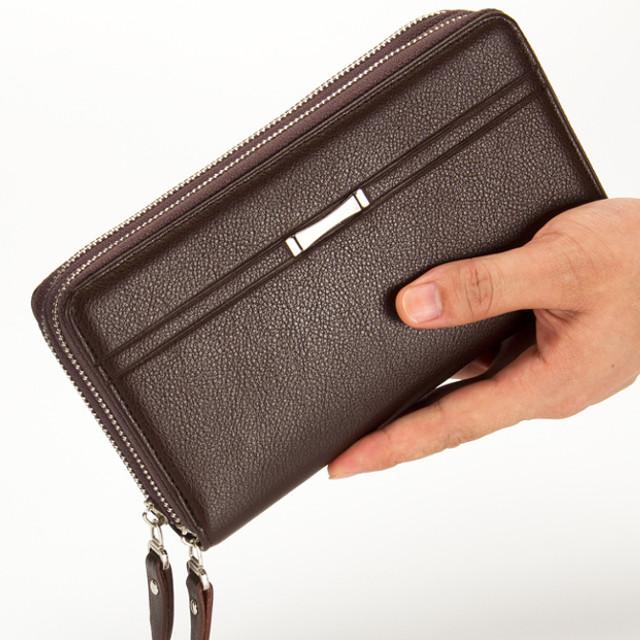 財布 メンズ 長財布 大容量 ダブルファスナー PUレザー 2色 ブラック