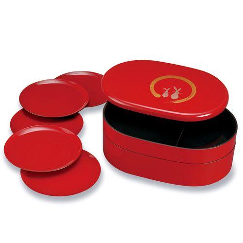 みよし漆器本舗 紀州塗り 8.5寸 小判二段行楽 重箱 朱 うさぎ (取皿付