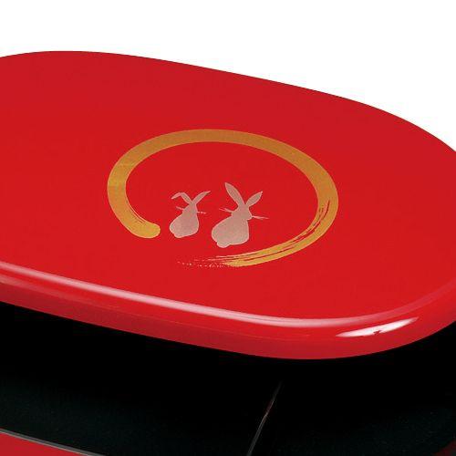 みよし漆器本舗 紀州塗り 8.5寸 小判二段行楽 重箱 朱 うさぎ (取皿付