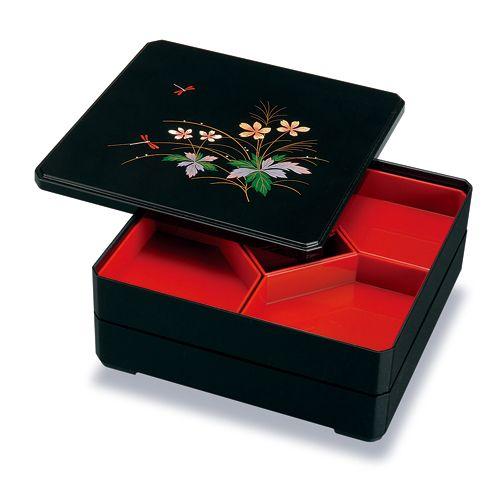 みよし漆器本舗 紀州塗り 9寸 隅切二段オードブル 黒 二輪草 運動会