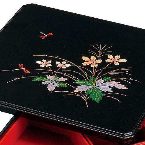 みよし漆器本舗 紀州塗り 9寸 隅切二段オードブル 黒 二輪草 運動会