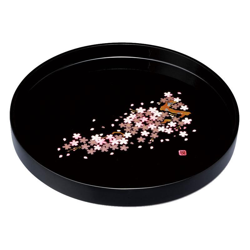 みよし漆器本舗 紀州塗り お盆 トレー 30cm 木製丸盆 黒 雅桜 サクラ