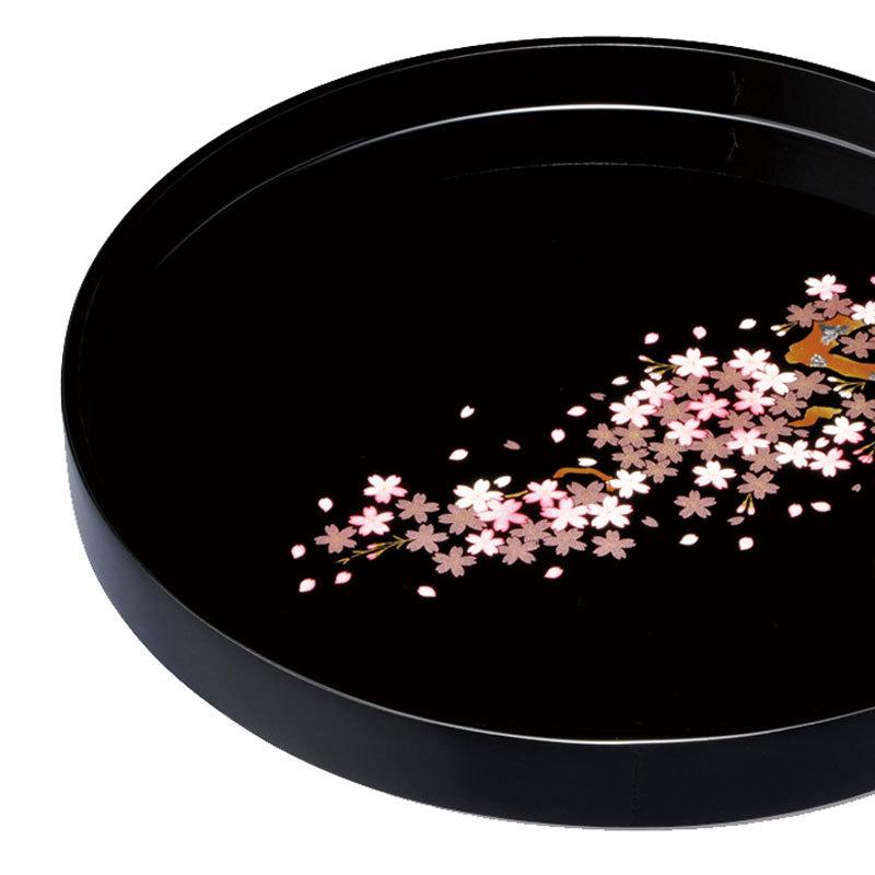 みよし漆器本舗 紀州塗り お盆 トレー 30cm 木製丸盆 黒 雅桜 サクラ