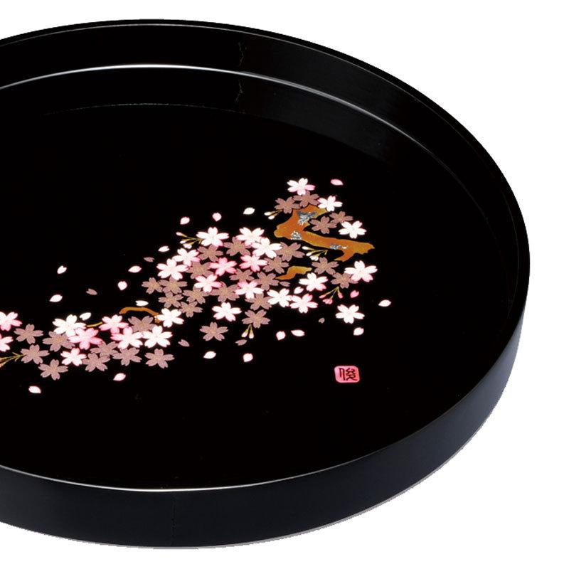 みよし漆器本舗 紀州塗り お盆 トレー 30cm 木製丸盆 黒 雅桜 サクラ