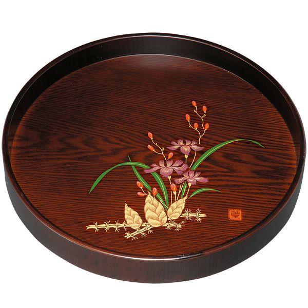 みよし漆器本舗 紀州塗り 尺寸 丸盆 黒檀杢 山路（盛絵） お盆 トレー