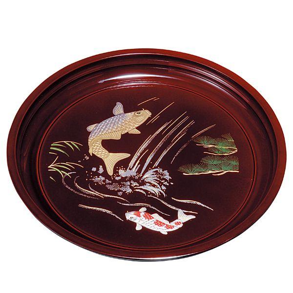 みよし漆器本舗 紀州塗り 9寸 丸盆 溜 登り鯉（盛絵） お盆 トレー