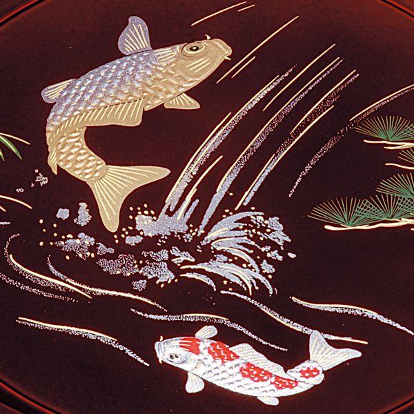 みよし漆器本舗 紀州塗り 尺寸 丸盆 溜 登り鯉（盛絵） お盆 トレー