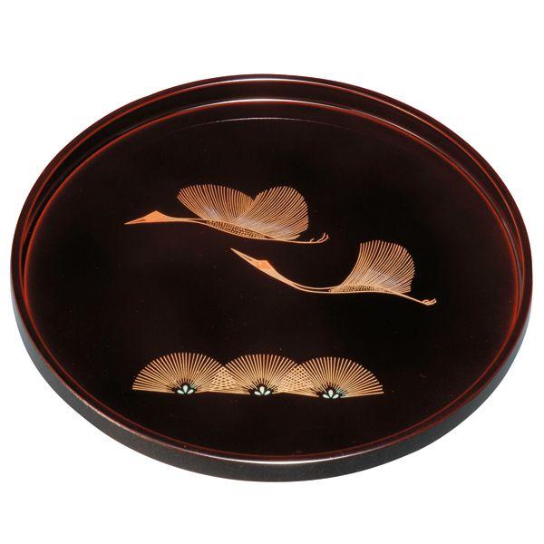 みよし漆器本舗 【クーポン有】 紀州塗り 8寸 丸盆 溜 金鶴 お盆