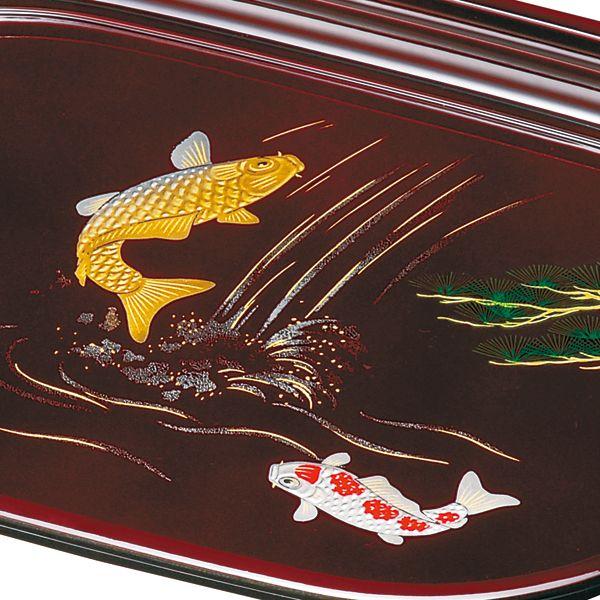 特選 高級木製漆器 お盆（卓上盆）5枚セット みよし漆器本舗 紀州塗り 尺5寸 小判盆 溜 登り鯉(盛絵) お盆 トレー