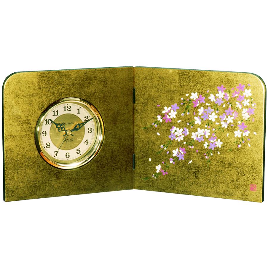 みよし漆器本舗 紀州塗り 屏風時計 金箔貼 しだれ桜 和風 おしゃれ