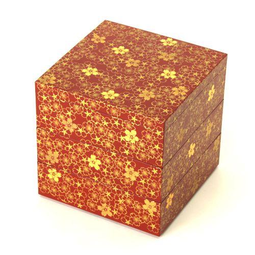 みよし漆器本舗 重箱 5寸 三段 桜づくし（朱） 15cm 日本製 国産
