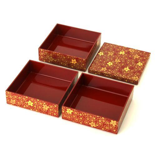 みよし漆器本舗 重箱 5寸 三段 桜づくし（朱） 15cm 日本製 国産