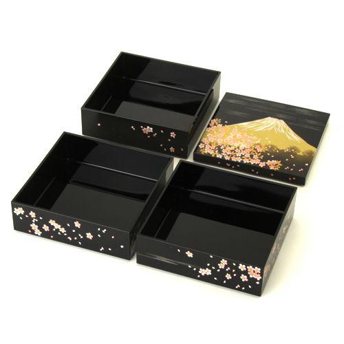 みよし漆器本舗 5寸 三段 重箱 さくら富士（黒） 日本製 大型 弁当箱