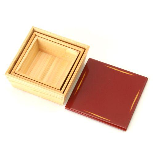 根来塗　赤色漆器製3段重箱(1段22×22×7cmです) みよし漆器本舗 天然木製 紀州塗りNjeco汎 台形入子 三段 重箱 変り