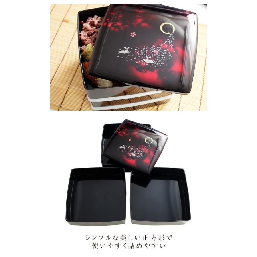 紀州塗り 6.5寸 胴張 三段 重箱 別甲 桜うさぎ シール蓋付 大型 弁当箱 おしゃれ 3段 お重箱 かわいい おせち 正月 花見|miyoshi-ya|05