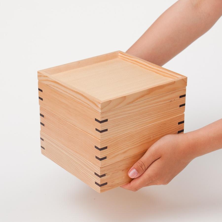みよし漆器本舗 天然木製 三段重箱 スクエア 白木 小 運動会 大型 弁当