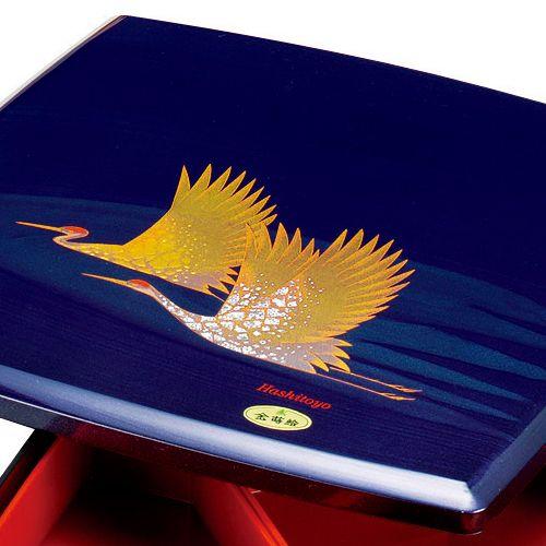 紀州塗り 尺寸 二段オードブル 紫雲杢 雅鶴(盛絵) 運動会 大型 弁当箱